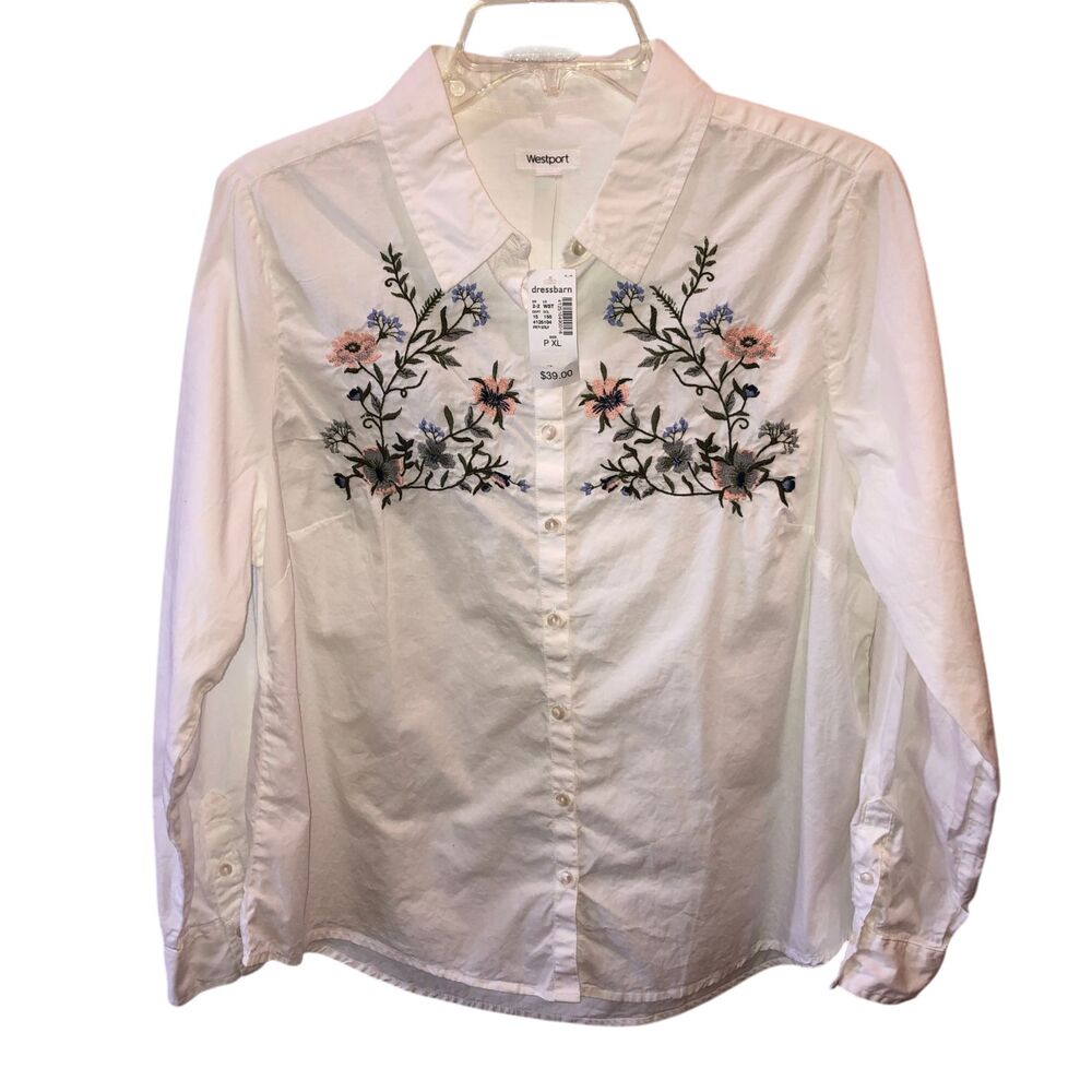 Westport Womens Petite Size XL White Flower Embroidered Button Down Blouse Top